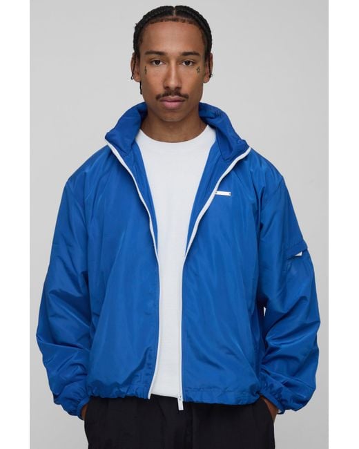 BoohooMAN Blue Regular Fit Lightweight Nylon Funnel Neck With Hood Windbreaker Jacket for men