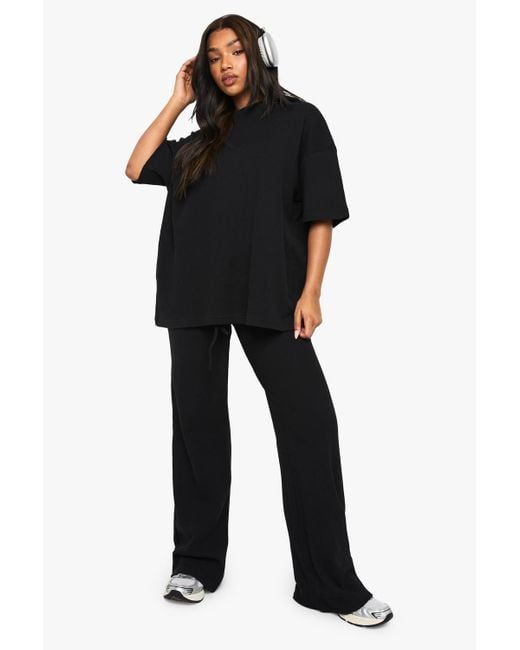 Boohoo Black Waffle Drawstring Wide Leg Trouser