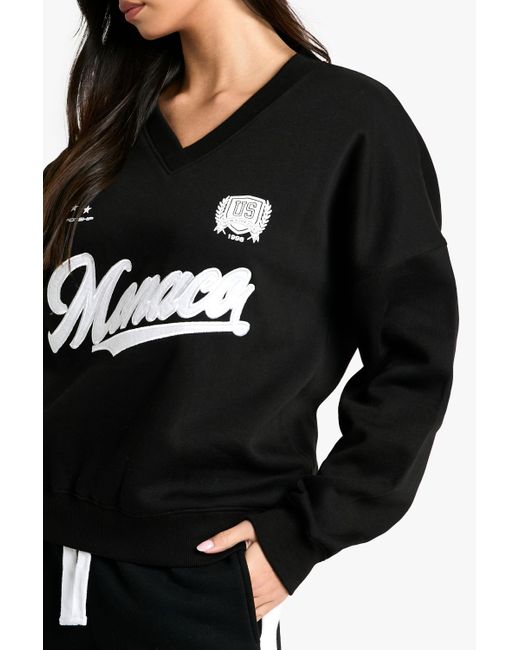 Sudadera Oversize Con Estampado Monaco Y Escote De Pico Boohoo de color Black