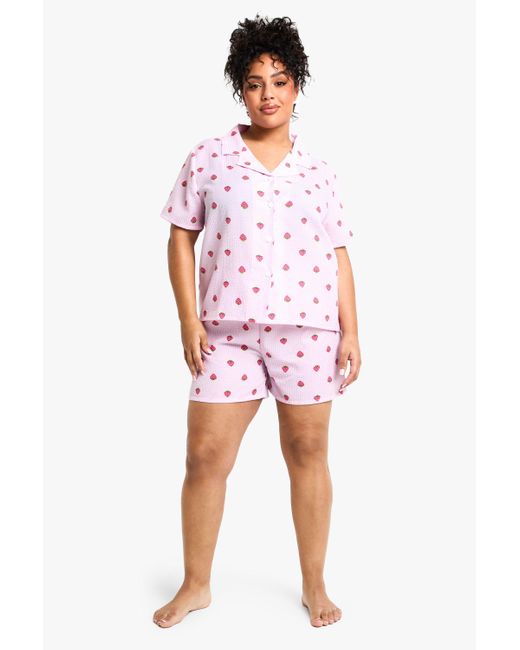 Pijama Plus De Pantalón Corto Y Camisa Con Estampado De Fresas Boohoo de color White