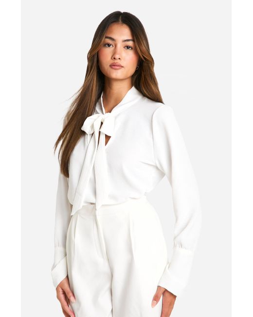 Boohoo White Hammered Flared Cuff Tie Neck Blouse