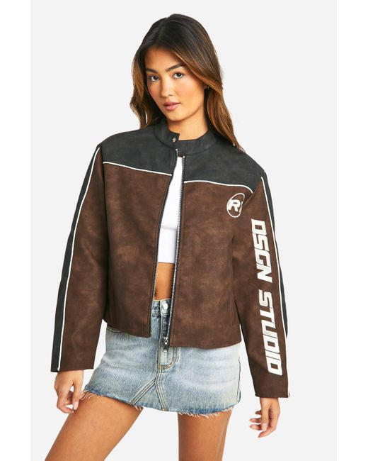 Boohoo Brown Embroidered Fitted Vintage Look Faux Leather Moto Jacket