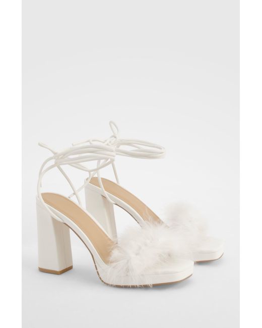 Boohoo White Feather Strap Wrap Up Block Heels