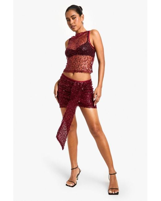 Boohoo Red Sequin Drape Mini Skirt