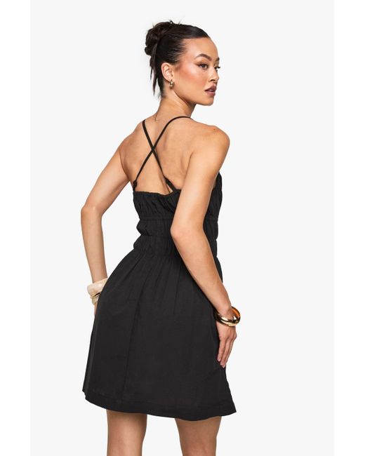 Boohoo Women's Black Tall Linen Look Ruched Mini Dress - ice4pros.com.br