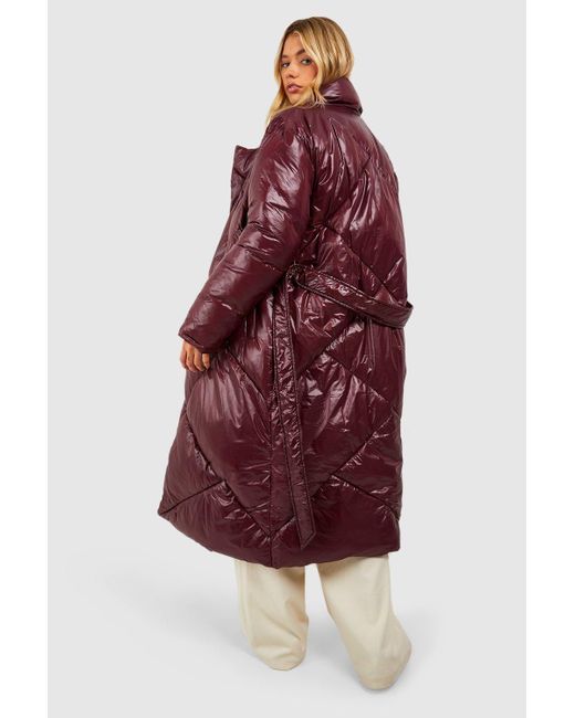 Boohoo Red Diamond Quilt Belted Puffer Coat
