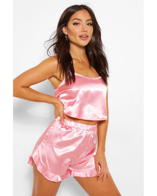 Boohoo Satin Crop Tank Top And Pajama Short Set in Pink | Lyst