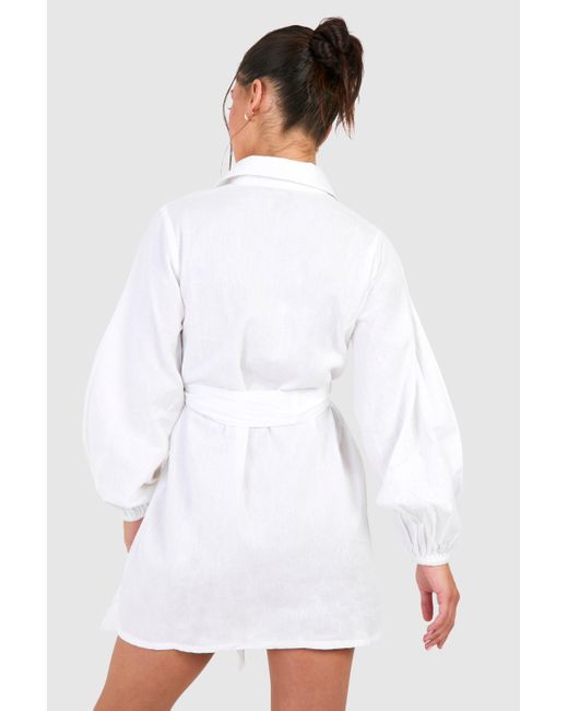 Boohoo White Petite Linen Belted Shirt Dress