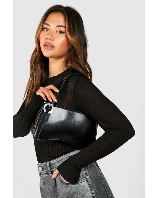 Boohoo Black Diamante Buckle Shoulder Bag