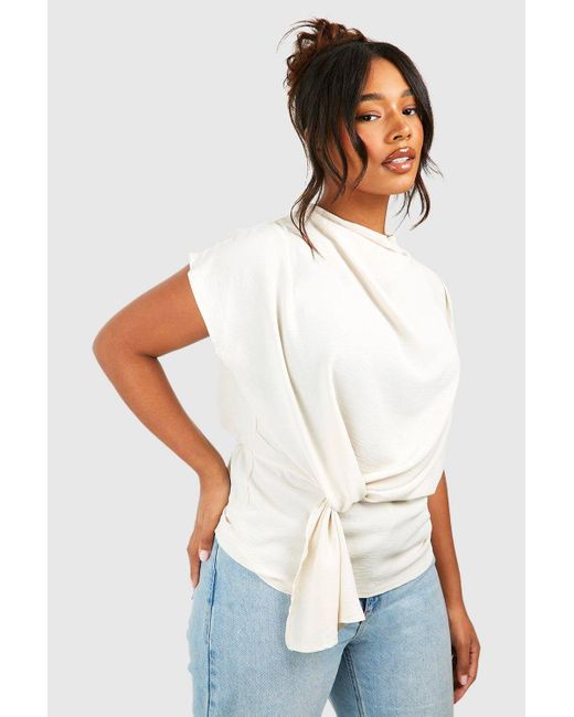Boohoo White Plus Knot Cowl Neck Blouse