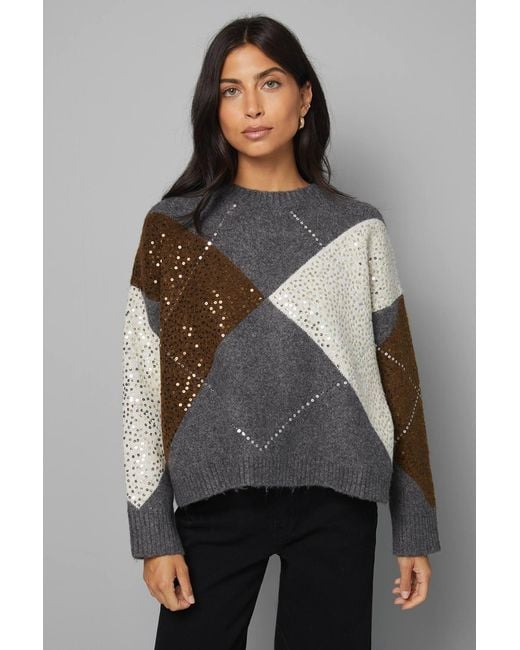 Wallis Gray Oversized Argyle Sweater