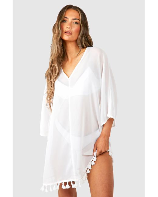 Boohoo White Tassel Hem Cover-up Beach Dress