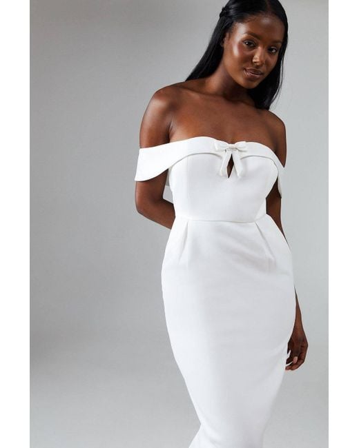 Coast White Structured Satin Mini Bow Bardot Column Wedding Dress