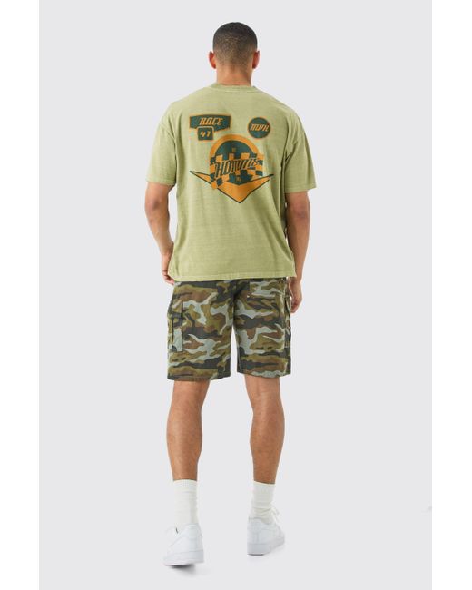BoohooMAN Green Camo Fixed Waist Relaxed Cargo Shorts for men