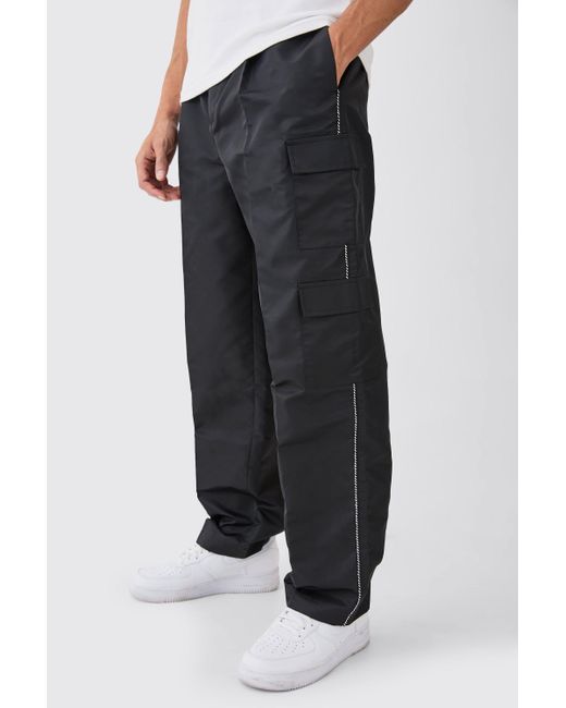 BoohooMAN Blue Fixed Waist Pipe Detail Cargo Nylon Trousers for men