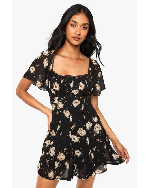Boohoo Women's Black Floral Milkmaid Godet Hem Mini Dress