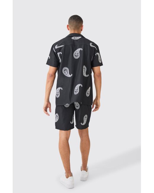 BoohooMAN Black Oversized Soft Twill Paisley Embroidered Shirt And Short for men