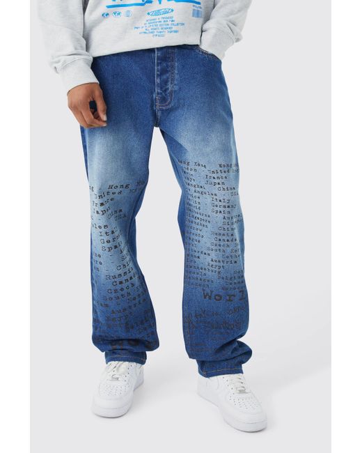 BoohooMAN Blue Relaxed Rigid All Over Text Laser Print Jeans for men