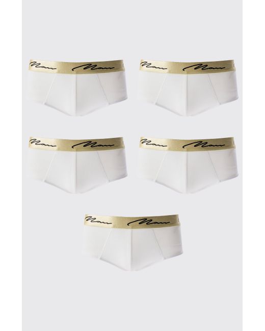 BoohooMAN 5 Pack Man Signature Gold Waistband Briefs In White for men