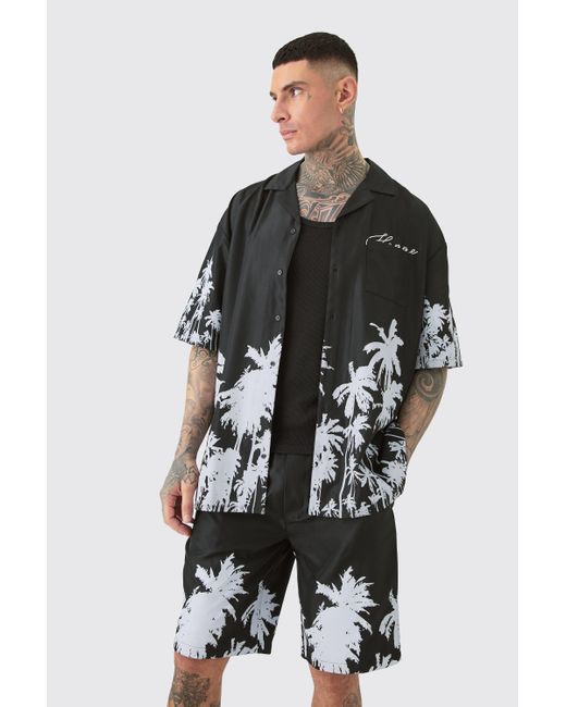 Boohoo Black Tall Soft Twill Palm Hem Oversized Boxy Shirt & Short