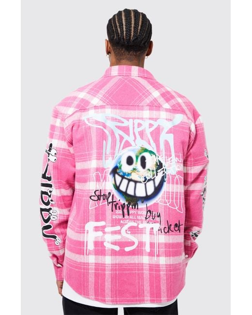 BoohooMAN Pink Oversized Trippy Printed Check Shirt for men