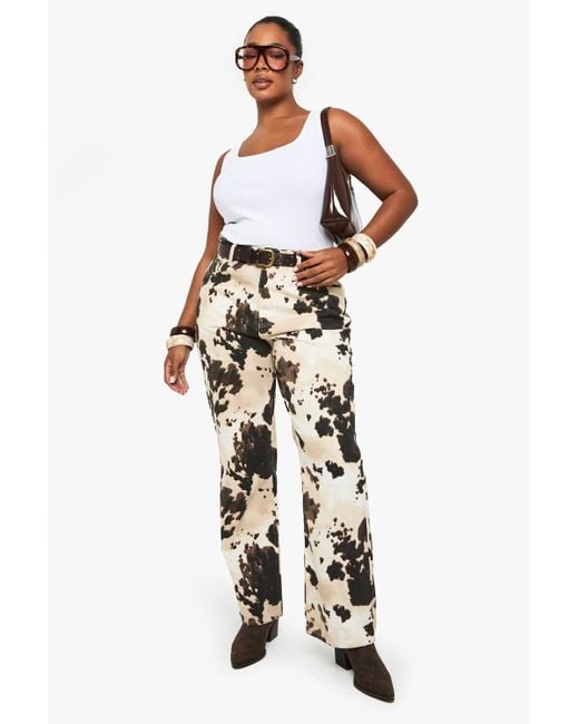 Boohoo White Plus Cow Print Wide Leg Jeans