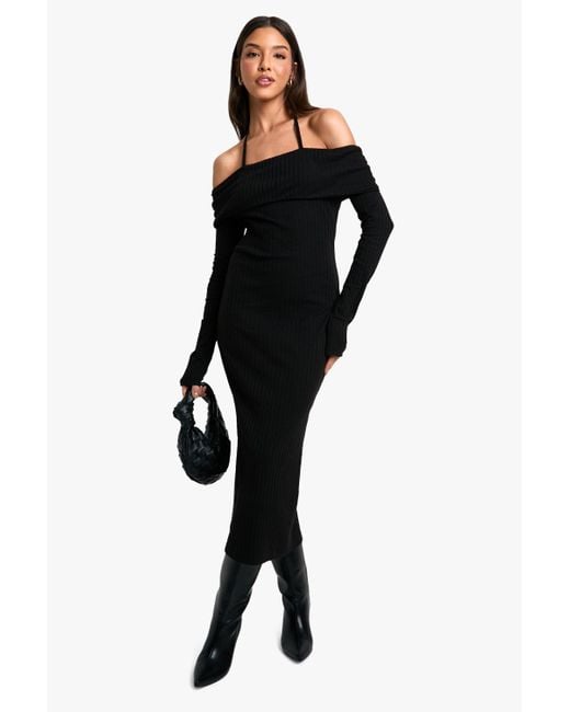 Boohoo Black Wide Rib Bardot Tie Midaxi Dress