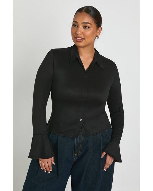 Boohoo Black Plus Collared Button Down Long Sleeve Top