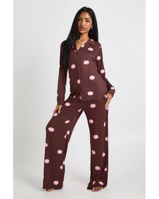 Boohoo Red Halloween Pumpkin Print Long Sleeve Shirt & Pants Pyjama Set