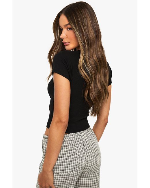 Boohoo Black Rib Button Through Cap Sleeve Top