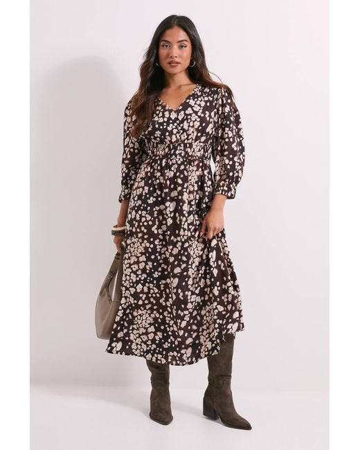 Dorothy Perkins Petite Shirred Detail Blouson Sleeve Midi Dress in Brown |  Lyst