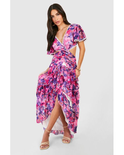 Boohoo Pink Petite Floral Dobby Cut Out Maxi Dress