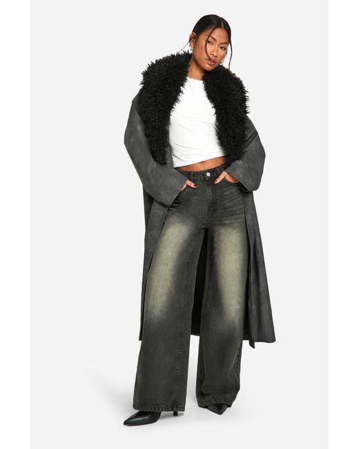 Boohoo Black Faux Fur Collar Vintage Look Leather Trench Coat