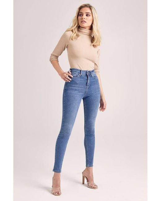 Boohoo Denim Butt Shaper Mid Rise Skinny Jeans in Blue - Lyst
