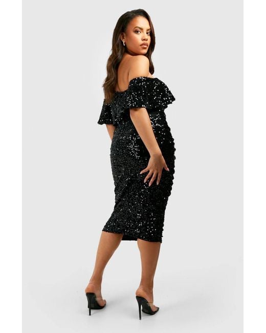 Boohoo Black Plus Sequin Off The Shoulder Midi Dress