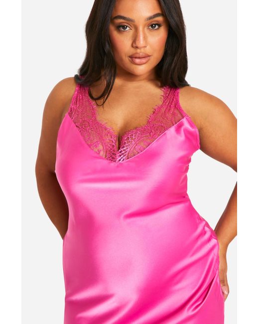 Plus Lace Trim Satin Midi Slip Dress Boohoo de color Pink