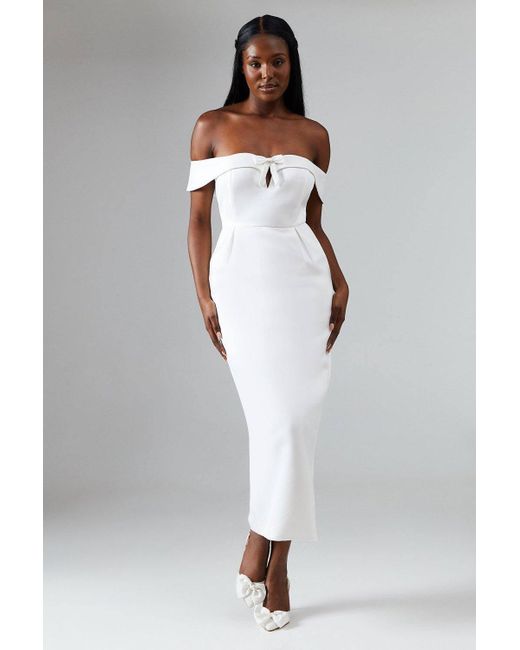 Coast White Structured Satin Mini Bow Bardot Column Wedding Dress