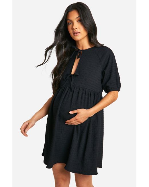 Boohoo Black Maternity Tie Front Short Sleeve Smock Dress