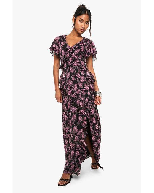 Boohoo Women's Red Floral V Neck Split Maxi Dress - laplaya.ma