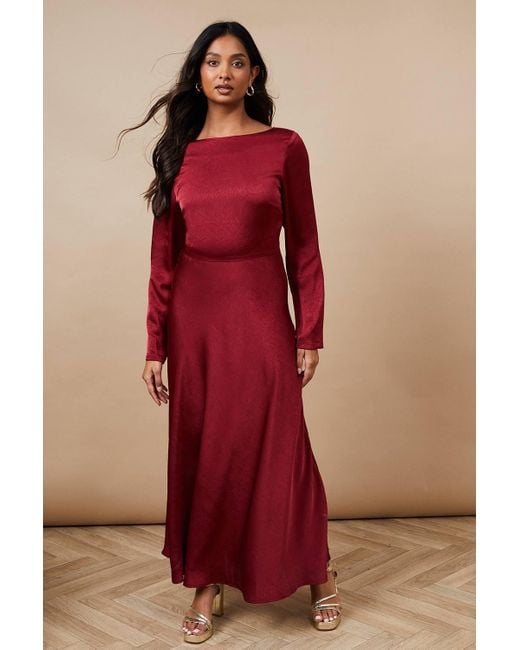 Oasis Red Crinkle Satin Cowl Back Midaxi Dress