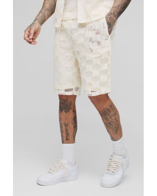 BoohooMAN Natural Tall Check Open Stitch Relaxed Fit Shorts for men