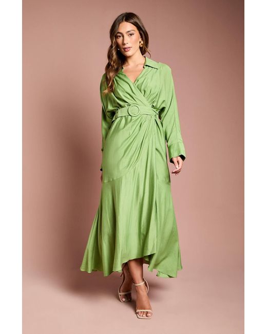 Coast Green Twill Long Sleeve Wrap Dress With Belt