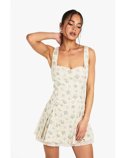 Boohoo White Ditsy Floral Square Neck Pleated Hem Mini Dress