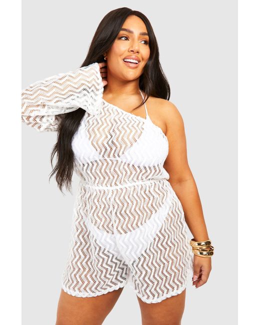 Boohoo White Plus Jersey Knitted One Shoulder Beach Romper