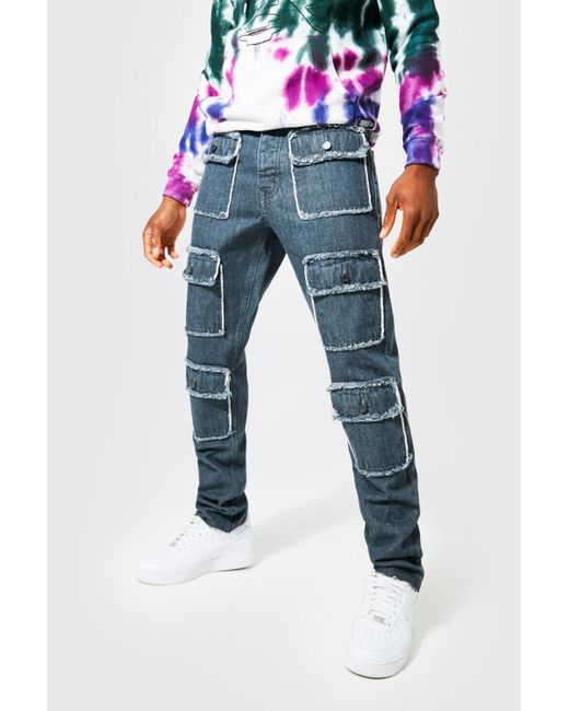 BoohooMAN Denim Slim Fit Distressed Multi Pocket Cargo Jeans for Men Lyst
