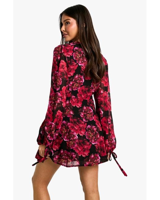 boohoo red floral dress boohoo Women's Floral Burnout Volume Sleeve Midi Dress in Merlot | Size: 8