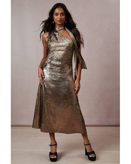 Oasis Brown Occasion Metallic Bias Cut Tie Neck Midaxi Dress