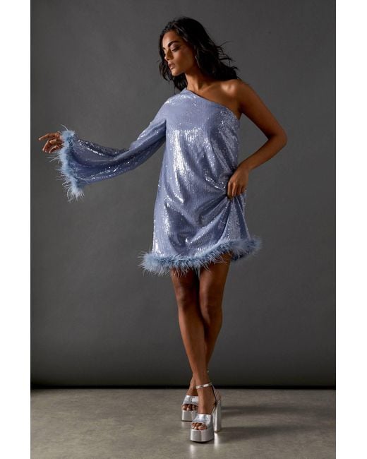 Warehouse Blue One Sleeve Sequin Mini Dress With Feather