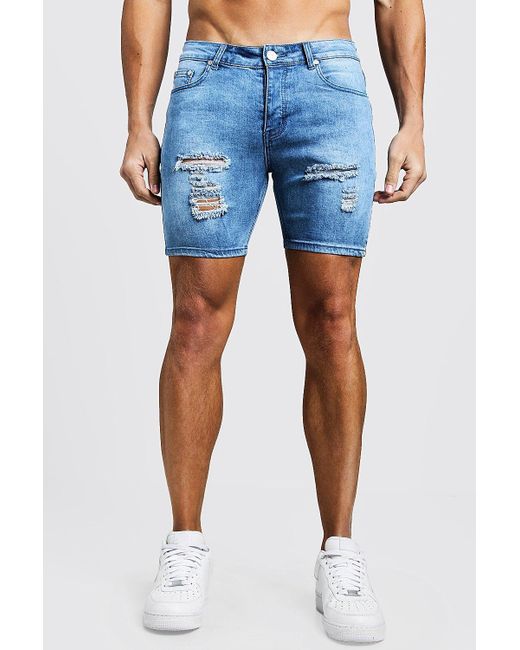 Boohoo Skinny Fit Denim Shorts With Distressing in Blue for Men Lyst