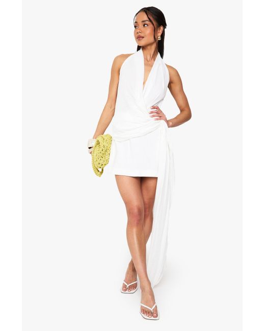 Boohoo White Linen Look Drape Cowl Wrap Mini Dress